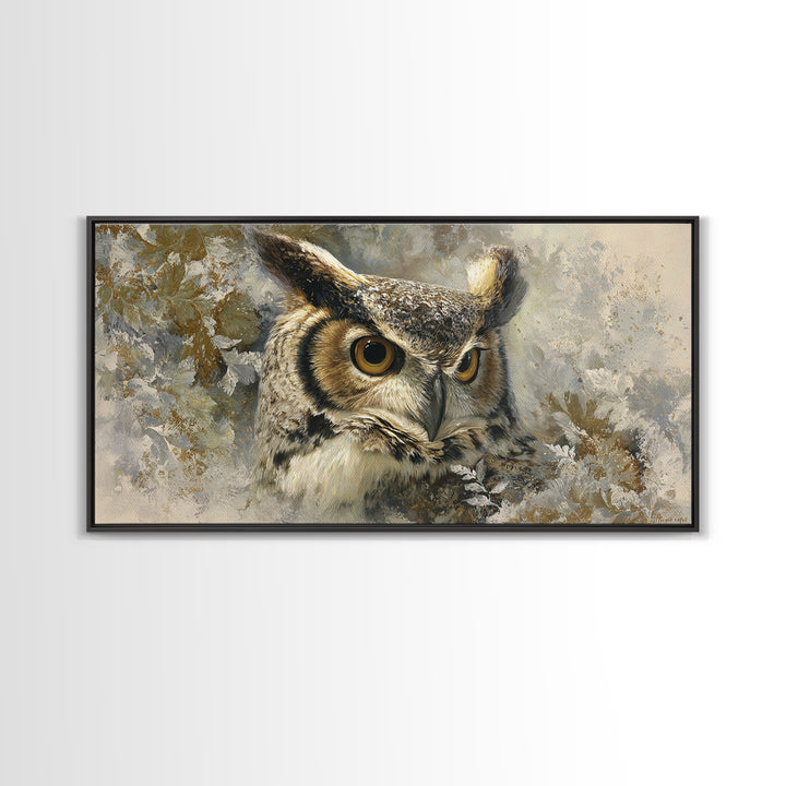 Owl with Moonlit Feathers and Celestial Accents Framed Canvas Print, Animal Art, Nursery, Living Room Decor, Watercolor Art, ANI-2x1-59