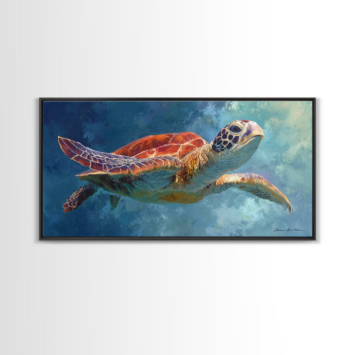 Sea Turtle Drifting Through Luminous Blue Water Canvas Print, Animal Art, Room Decor, Living Room Decor, Oil Painting, Creature, ANI-2x1-62