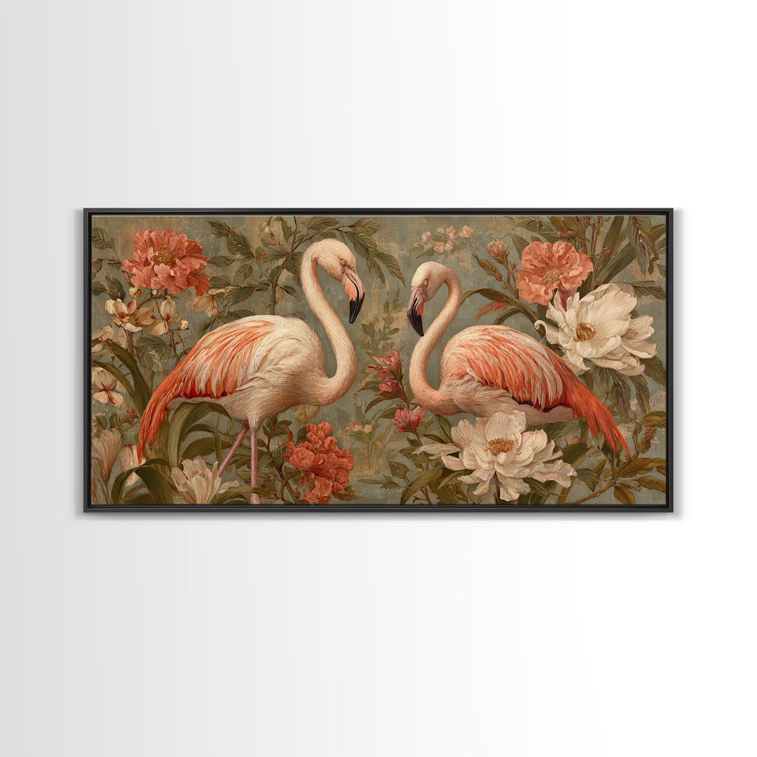 Flamingo Pair in Elegant Coral and Cream Canvas Print, Animal Art, Nursery Wall Art, Living Room Decor, Fine Art, Creature, ANI-2x1-63
