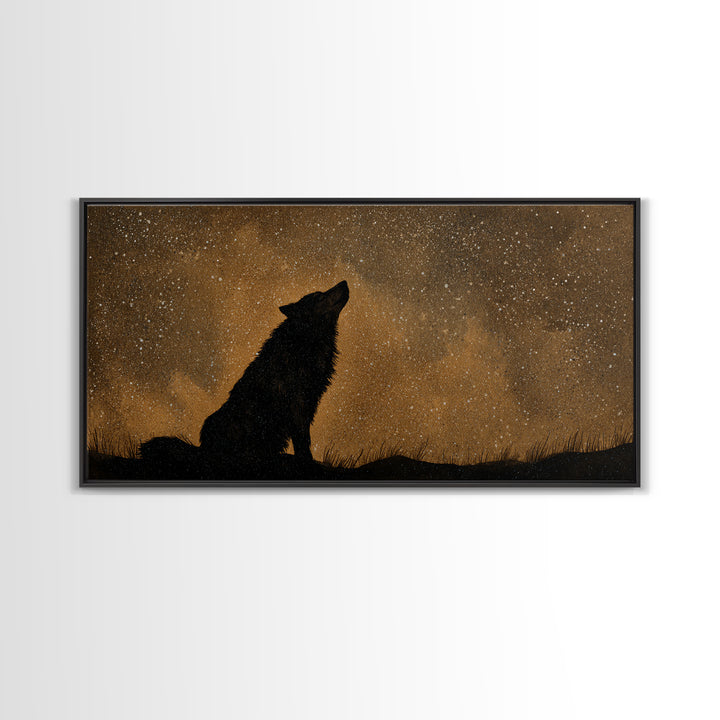 Wolf Silhouette Beneath a Star Filled Sky Canvas Print, Animal Art, Living Room Decor, Watercolor Art, Creature, ANI-2x1-66