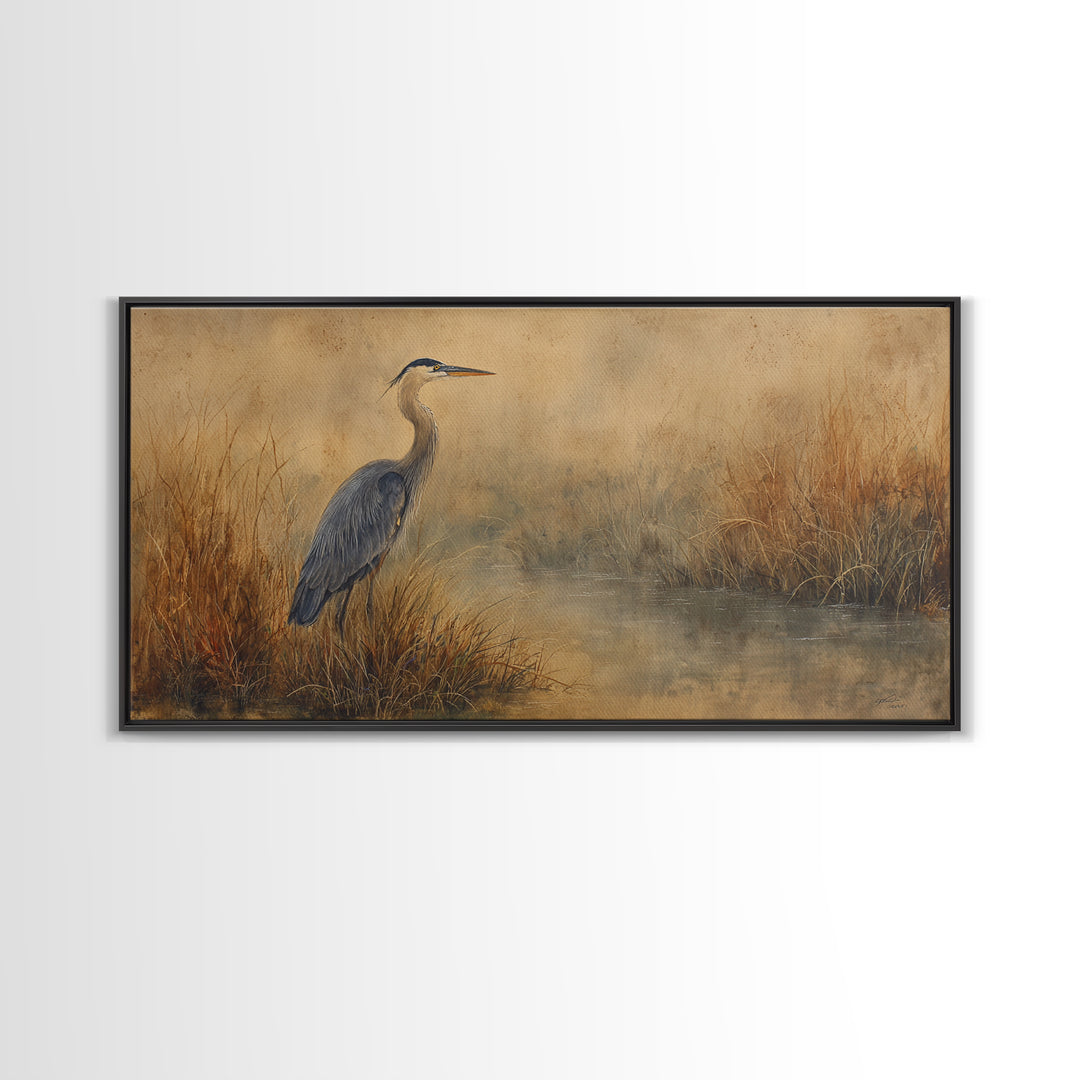 Blue Heron Standing Framed Canvas Print, Animal Art, Art, Living Room Decor, Fine Art, Creature, Original Art, Nursery Wall Art, ANI-2x1-7