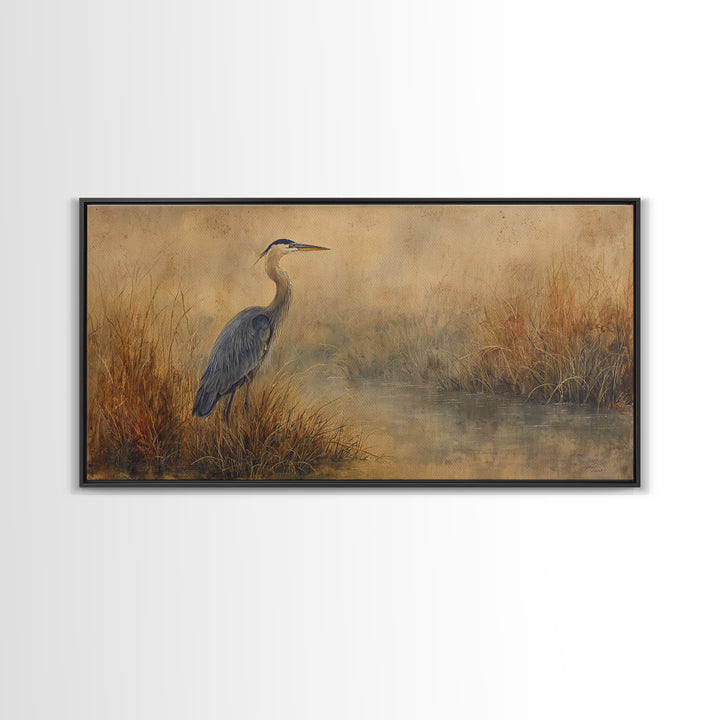 Blue Heron Standing Framed Canvas Print, Animal Art, Art, Living Room Decor, Fine Art, Creature, Original Art, Nursery Wall Art, ANI-2x1-7