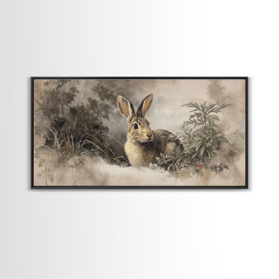 Curious Rabbit in a Soft Watercolor Meadow Canvas Print, Animal Art, Digital Art, Living Room Decor, Fine Art, Creature, ANI-2x1-73