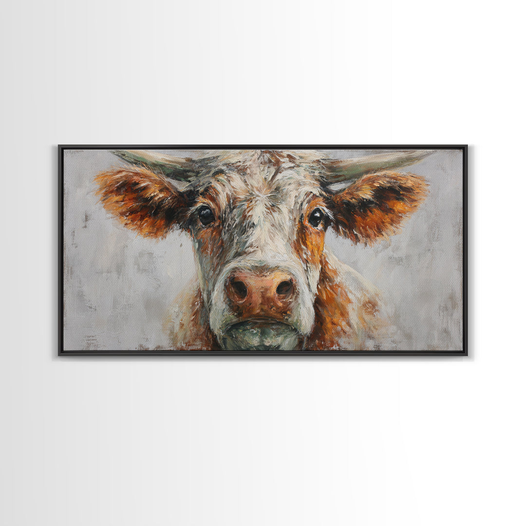 Gentle Cow Portrait Framed Canvas Print, Animal Art, Boho Decor, Living Room Decor, Oil Painting, Creature, Digital Prints, ANI-2x1-75