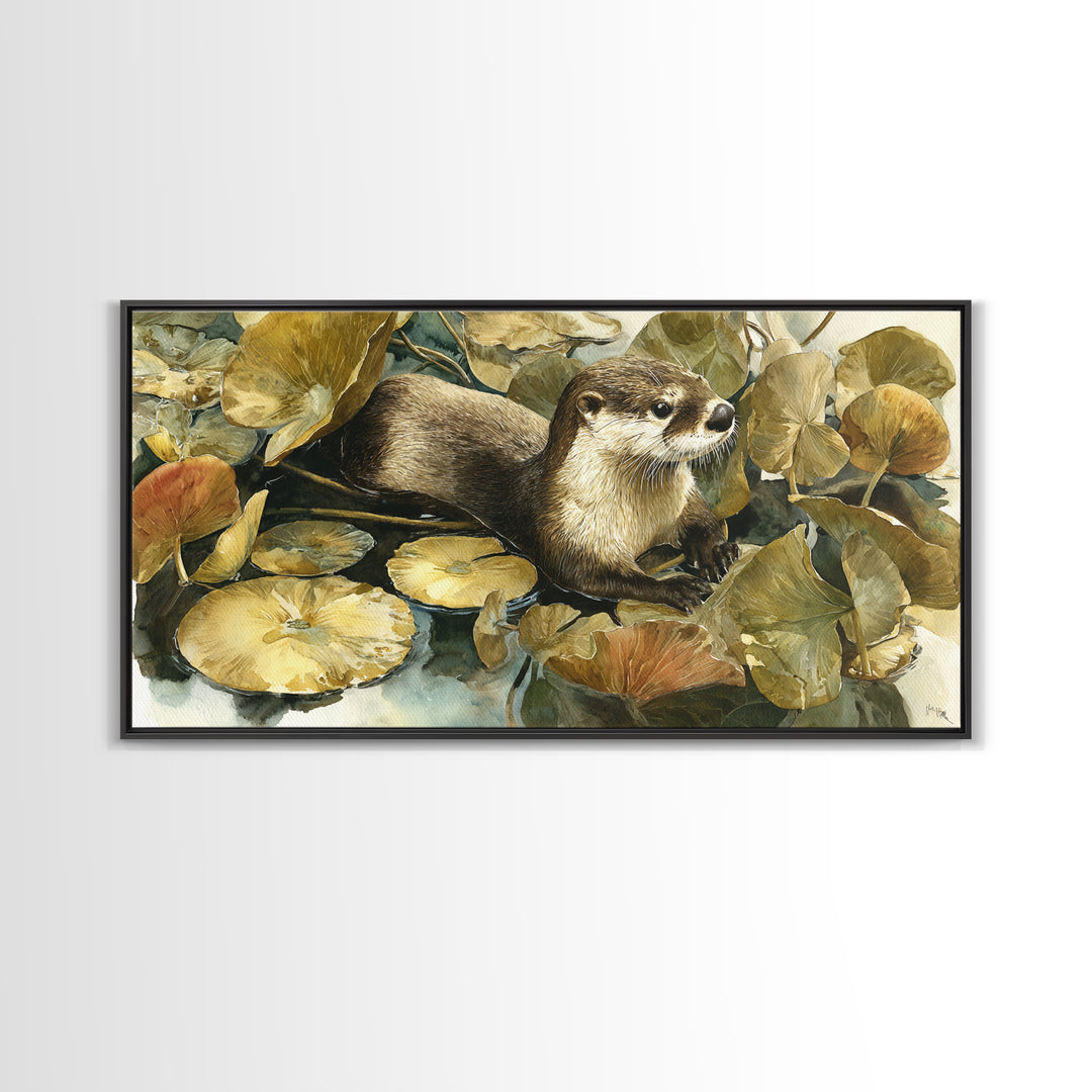 Playful Otter Floating Among Lily Pads Canvas Print, Animal Art, Nursery Wall Art, Living Room Decor, Fine Art, Creature, ANI-2x1-76