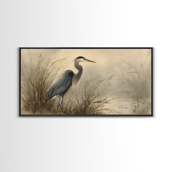 Blue Heron Standing Framed Canvas Print, Animal Art, Nursery Art, Living Room Decor, Fine Art, Creature, Luxury Decor, ANI-2x1-79