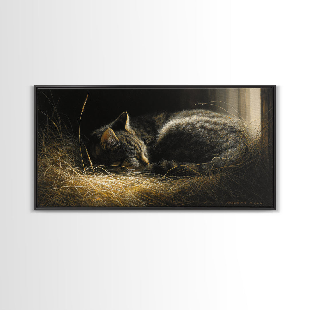 Sleeping Cat Curled Framed Canvas Print, Animal Art, Digital Print, Living Room Decor, Fine Art, Creature, Colorful Wall Art, ANI-2x1-80