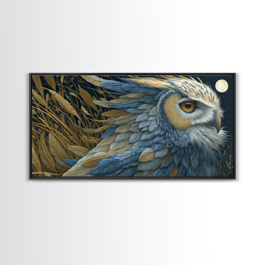 Owl with Moonlit Feathers and Celestial Accents Framed Canvas Print, Animal Art, Contemporary Art, Living Room Decor, Creature, ANI-2x1-83