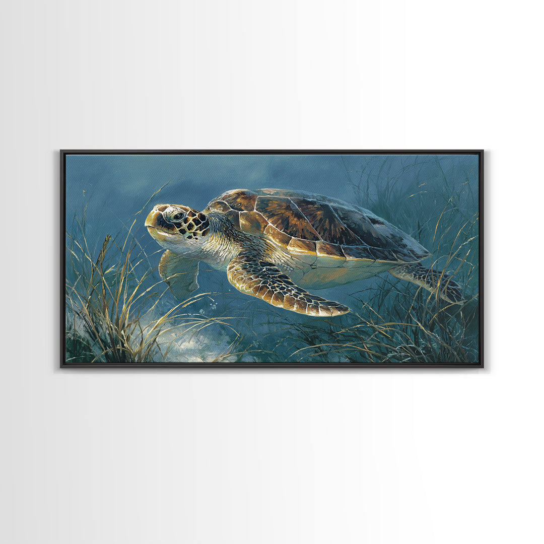Sea Turtle Drifting Through Luminous Blue Water Framed Canvas Print, Animal Art, Home Decor, Living Room Decor, Creature, ANI-2x1-86