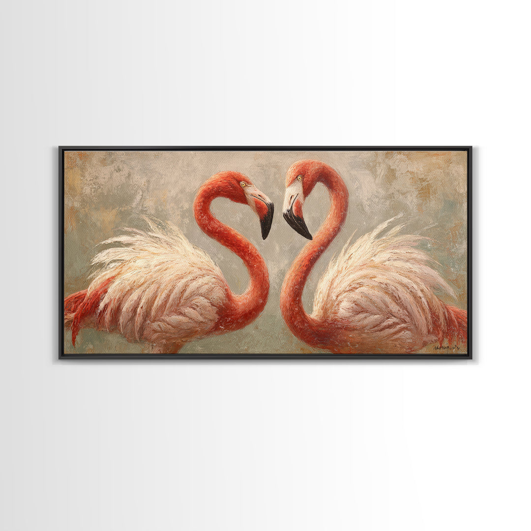 Flamingo Pair in Elegant Coral and Cream Framed Canvas Print, Animal Art, Living Room Decor, Fine Art, Creature, Fine Art Print, ANI-2x1-87