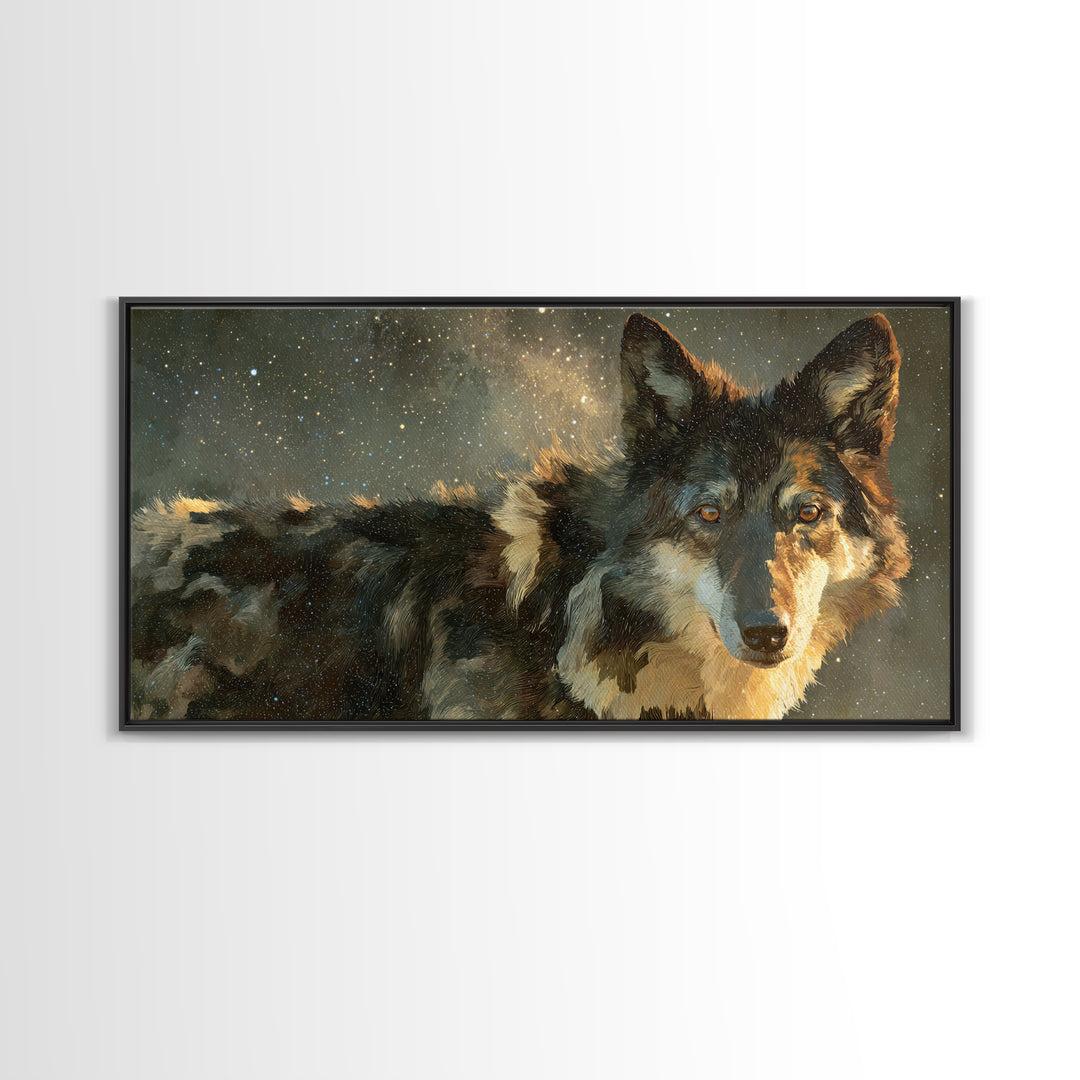 Wolf Silhouette Beneath a Star Filled Sky Framed Canvas Print, Animal Art, Art, Living Room Decor, Oil Painting, Creature, ANI-2x1-90