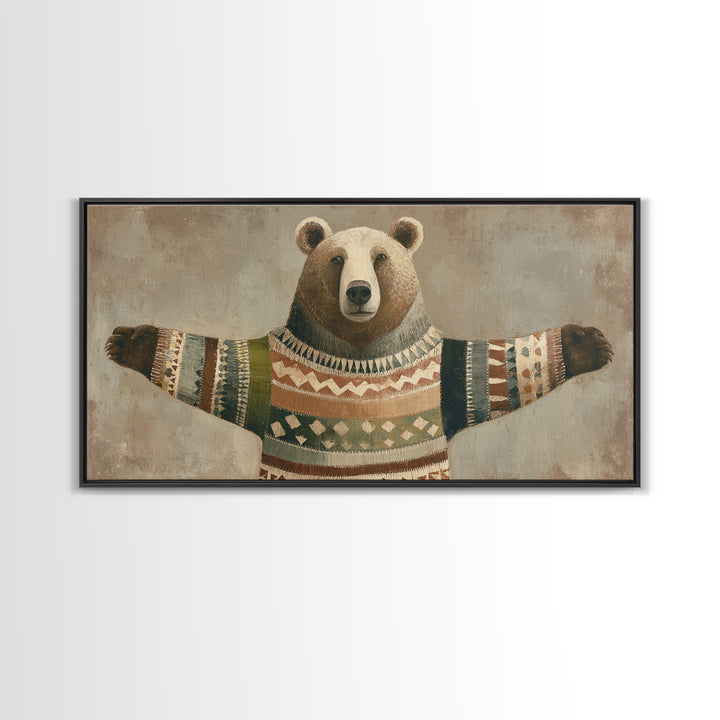 Whimsical Bear in a Patterned Sweater with Canvas Print, Animal Art, Wall Decor, Living Room Decor, Fine Art, Creature, ANI-2x1-94