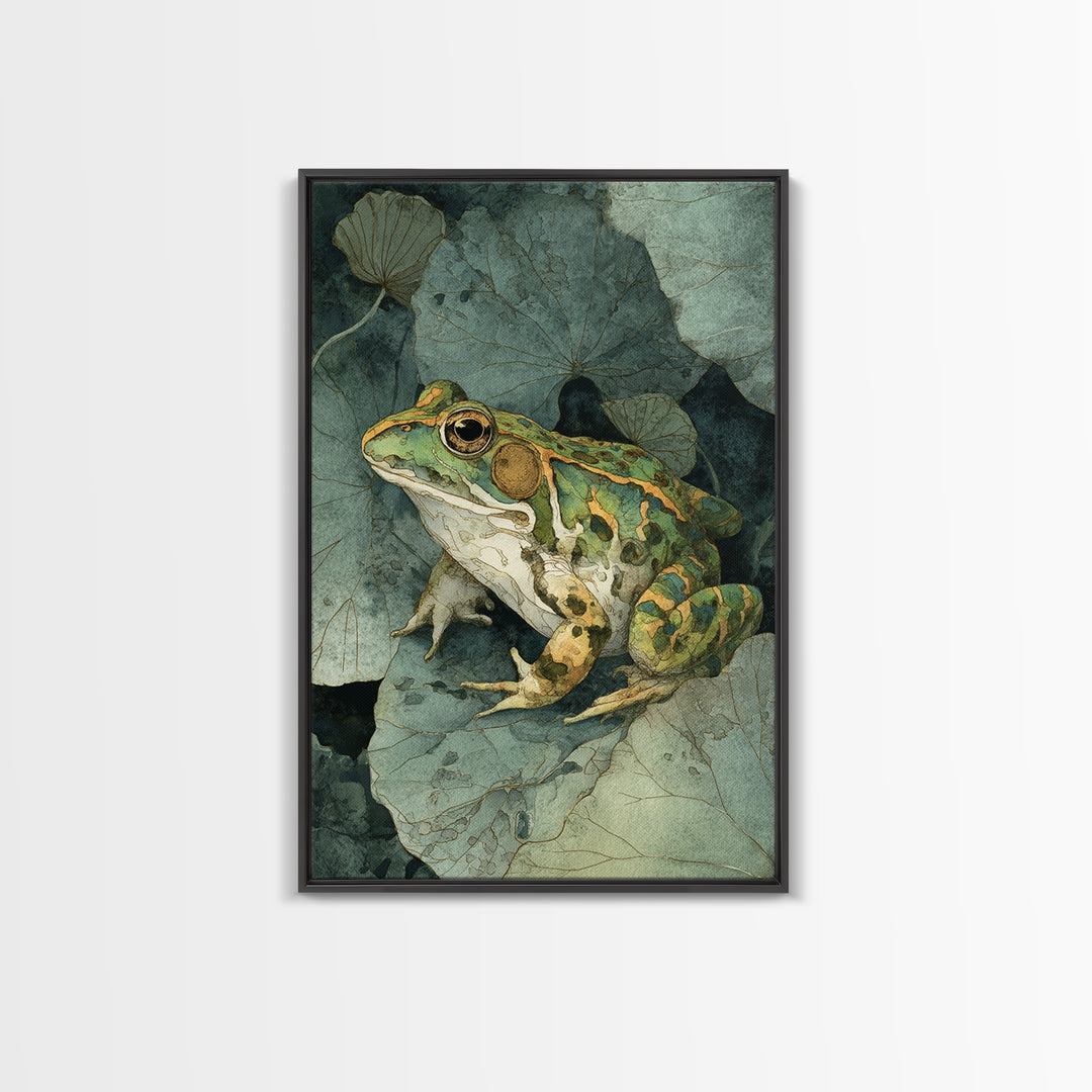Frog on a Lotus Leaf Framed Canvas Print, Animal Art, Art Print, Living Room Decor, Watercolor Art, Creature, Digital Art, ANI-2x3-100