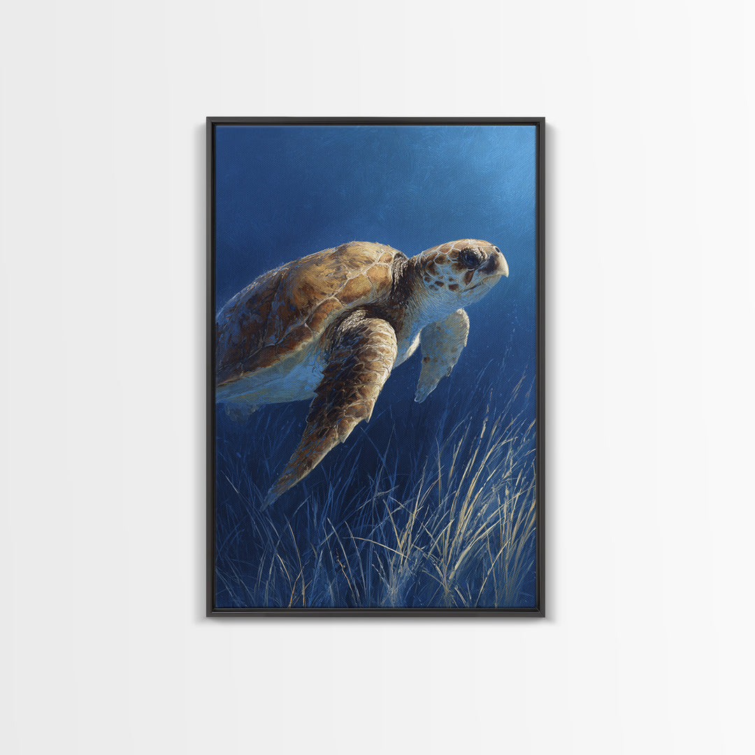Sea Turtle Drifting Through Luminous Blue Water Framed Canvas Print, Animal Art, Boho Decor, Living Room Decor, Abstract Art, ANI-2x3-2
