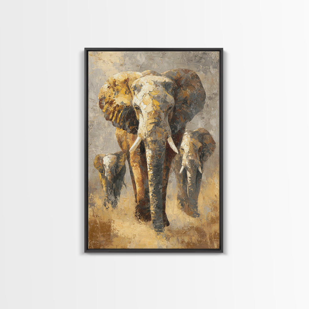 Elephant Family Walking Through Dusty Golden Light Canvas Print, Animal Art, Textured Painting, Living Room Decor, Creature, ANI-2x3-22