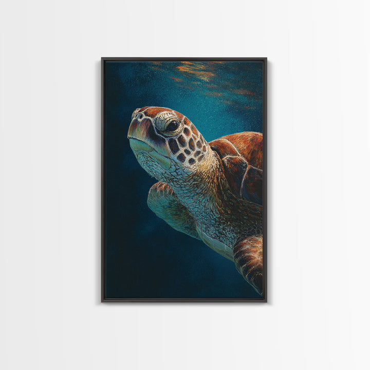 Sea Turtle Drifting Through Luminous Blue Water Framed Canvas Print, Animal Art, Boho Decor, Living Room Decor, Abstract Art, ANI-2x3-26