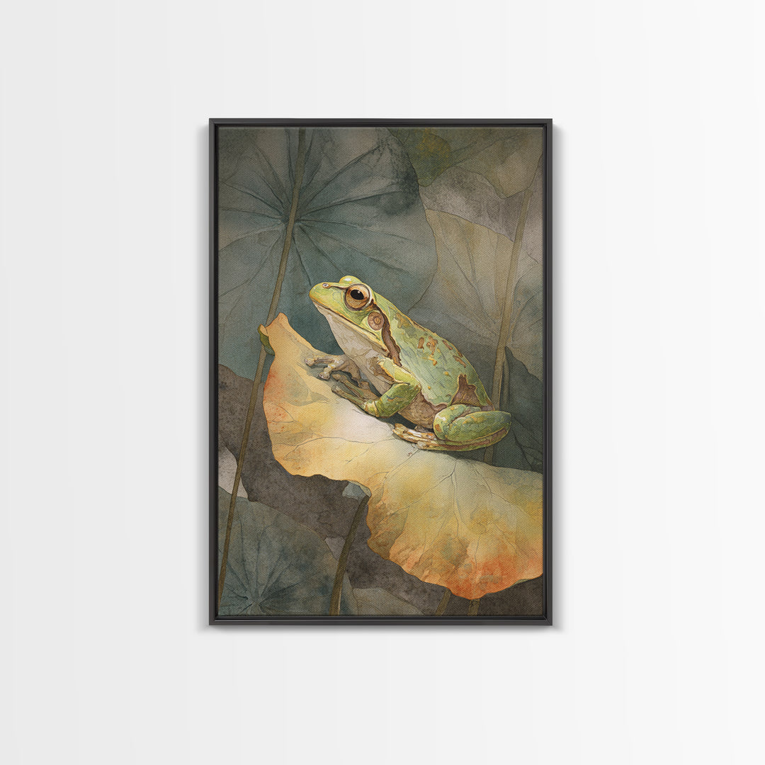 Frog on a Lotus Leaf Framed Canvas Print, Animal Art, Art Deco, Living Room Decor, Oil Painting, Creature, Cat Art, ANI-2x3-28