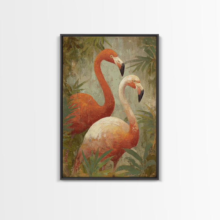 Flamingo Pair in Elegant Coral and Cream Framed Canvas Print, Animal Art, Trendy Wall Art, Living Room Decor, Creature, ANI-2x3-3