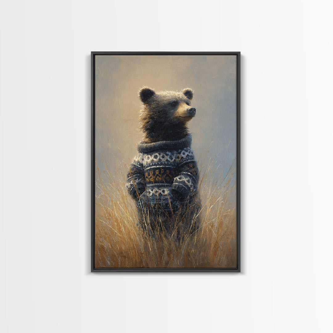 Whimsical Bear in a Patterned Sweater with Framed Canvas Print, Animal Art, Contemporary Art, Living Room Decor, Creature, ANI-2x3-34