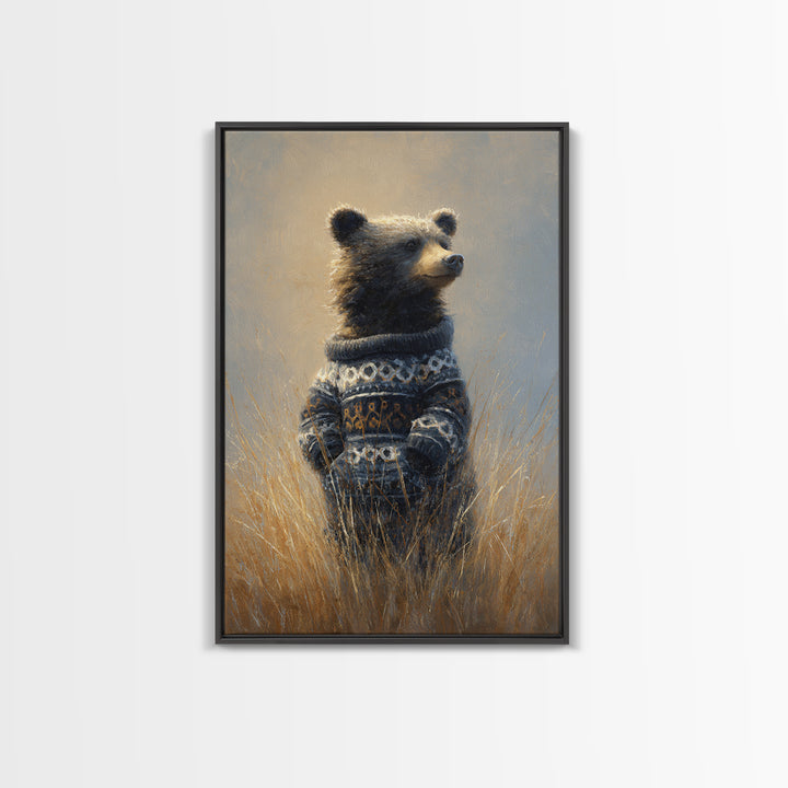Whimsical Bear in a Patterned Sweater with Framed Canvas Print, Animal Art, Contemporary Art, Living Room Decor, Creature, ANI-2x3-34