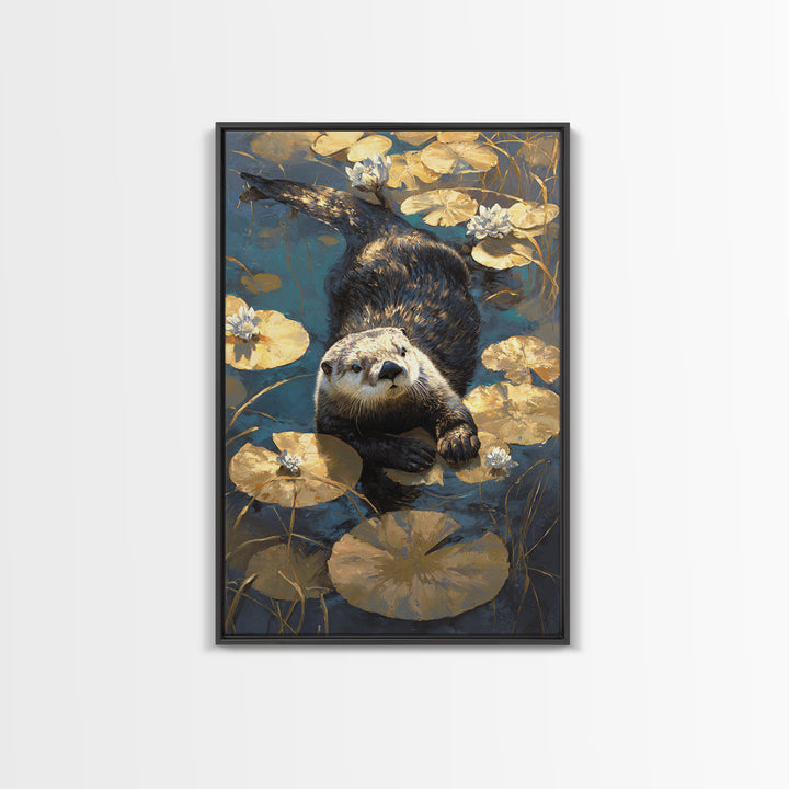 Playful Otter Floating Among Lily Pads Canvas Print, Animal Art, Fine Art Print, Living Room Decor, Fine Art, Creature, ANI-2x3-40