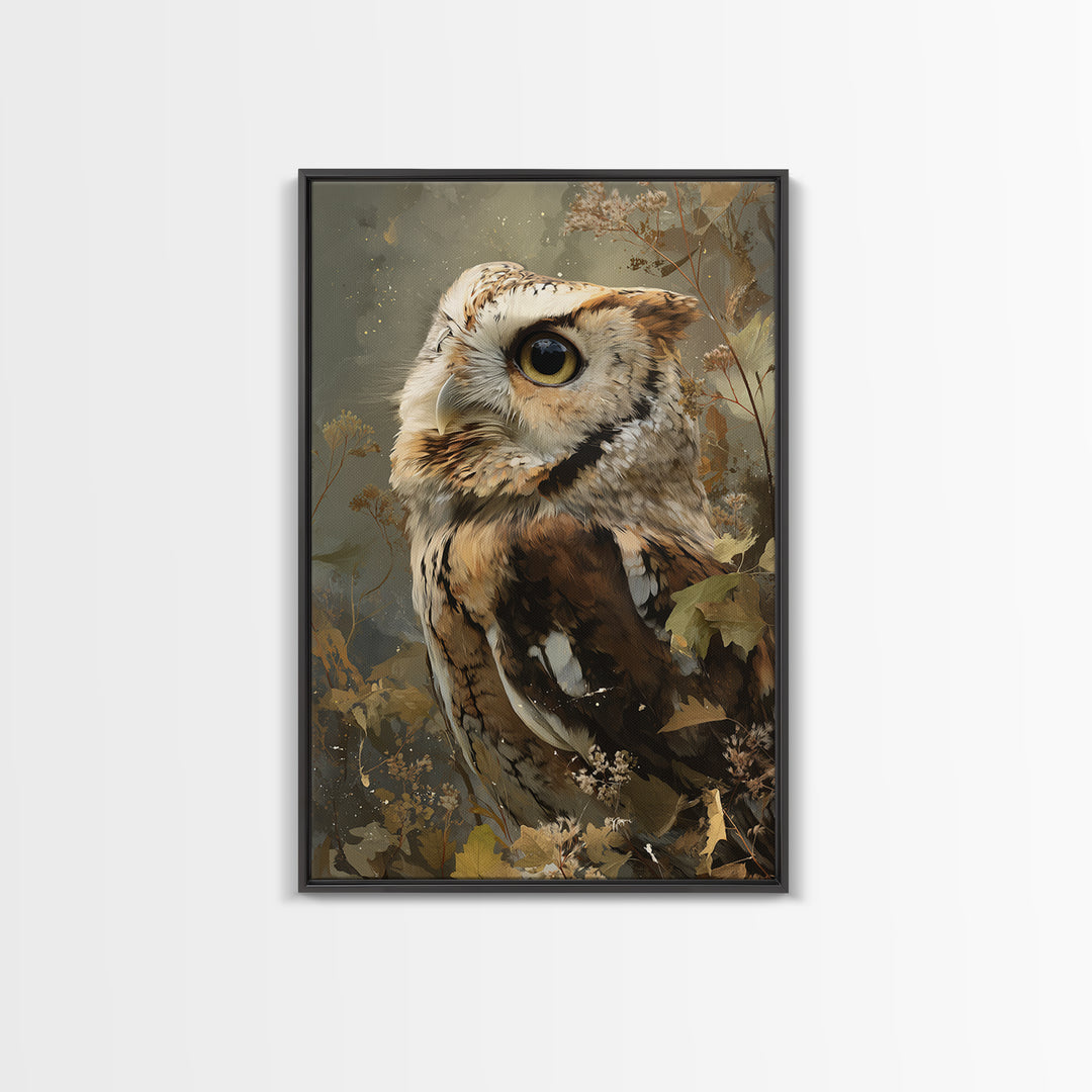 Owl with Moonlit Feathers and Celestial Accents Framed Canvas Print, Animal Art, Wall Art, Living Room Decor, Abstract Art, ANI-2x3-47