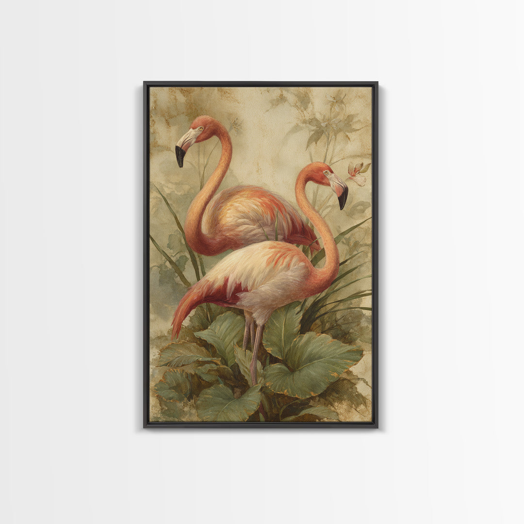 Flamingo Pair in Elegant Coral and Cream Framed Canvas Print, Animal Art, Room Decor, Living Room Decor, Oil Painting, Creature, ANI-2x3-51