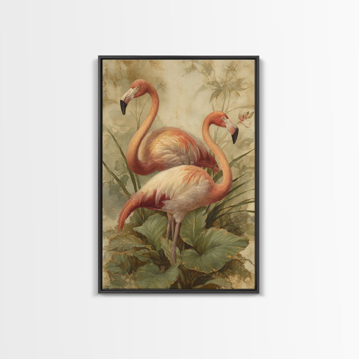 Flamingo Pair in Elegant Coral and Cream Framed Canvas Print, Animal Art, Room Decor, Living Room Decor, Oil Painting, Creature, ANI-2x3-51