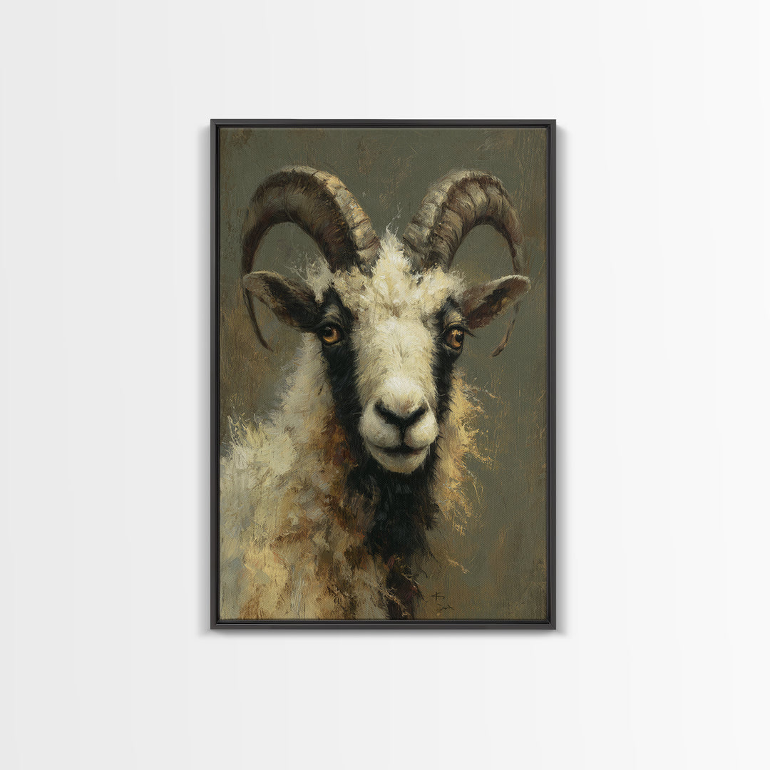 Goat Portrait with Rustic Folk Art Personality Framed Canvas Print, Animal Art, Digital Art, Living Room Decor, Oil Painting, ANI-2x3-53