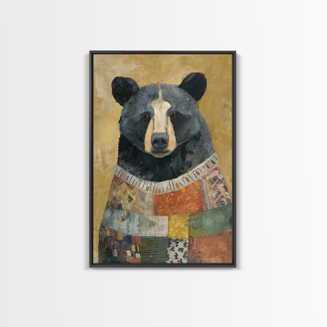 Whimsical Bear in a Patterned Sweater with Canvas Print, Animal Art, Digital Prints, Living Room Decor, Fine Art, Creature, ANI-2x3-58