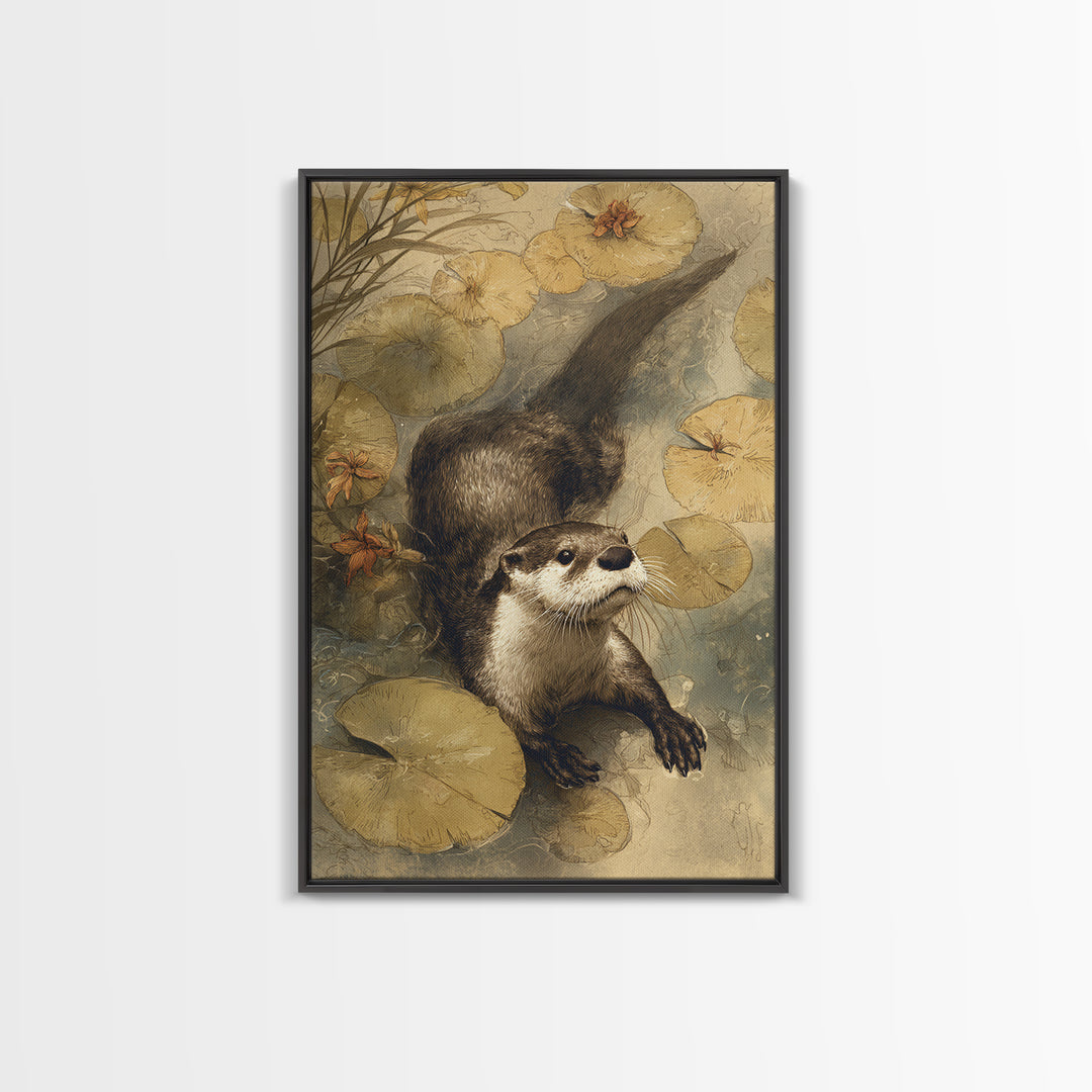 Playful Otter Floating Among Lily Pads Framed Canvas Print, Animal Art, Room Decor, Living Room Decor, Fine Art, Creature, ANI-2x3-64