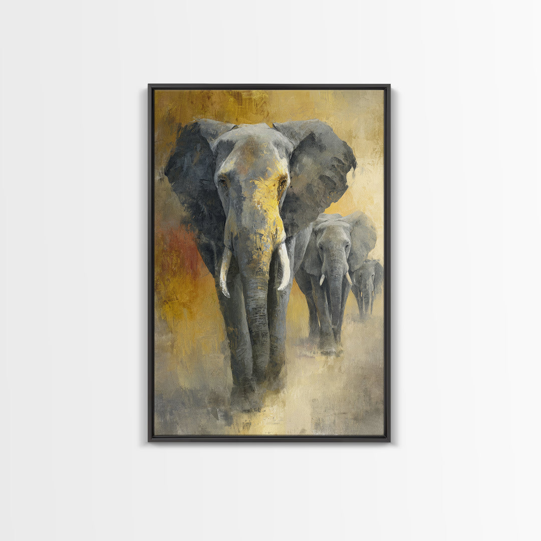 Elephant Family Walking Through Dusty Golden Light Canvas Print, Animal Art, Art, Living Room Decor, Fine Art, Creature, ANI-2x3-70