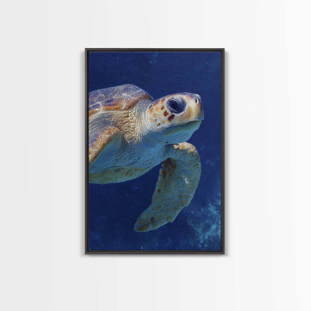 Sea Turtle Drifting Through Luminous Blue Water Framed Canvas Print, Animal Art, Living Room Decor, Watercolor Art, Creature, ANI-2x3-74