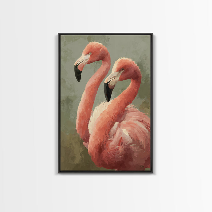 Flamingo Pair in Elegant Coral and Cream Framed Canvas Print, Animal Art, Digital Art, Living Room Decor, Fine Art, Creature, ANI-2x3-75