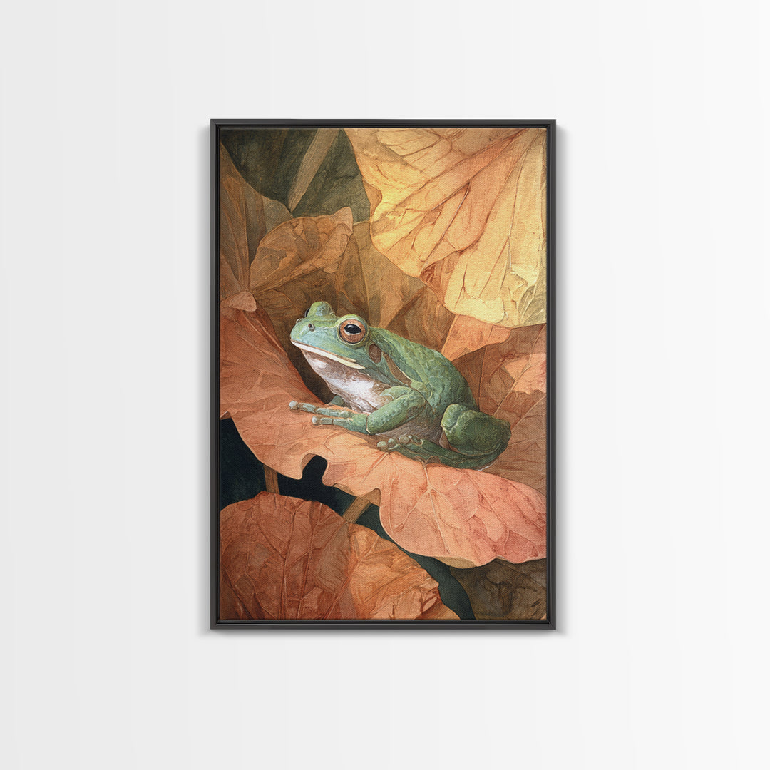 Frog on a Lotus Leaf Framed Canvas Print, Animal Art, Nursery Wall Art, Living Room Decor, Fine Art, Creature, Trendy Wall Art, ANI-2x3-76