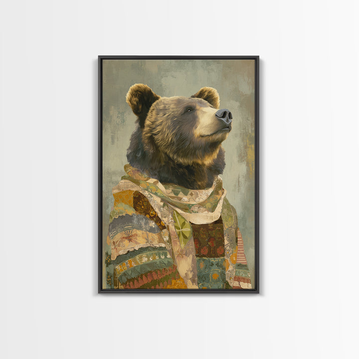 Whimsical Bear in a Patterned Sweater with Canvas Print, Animal Art, Digital Prints, Living Room Decor, Fine Art, Creature, ANI-2x3-82