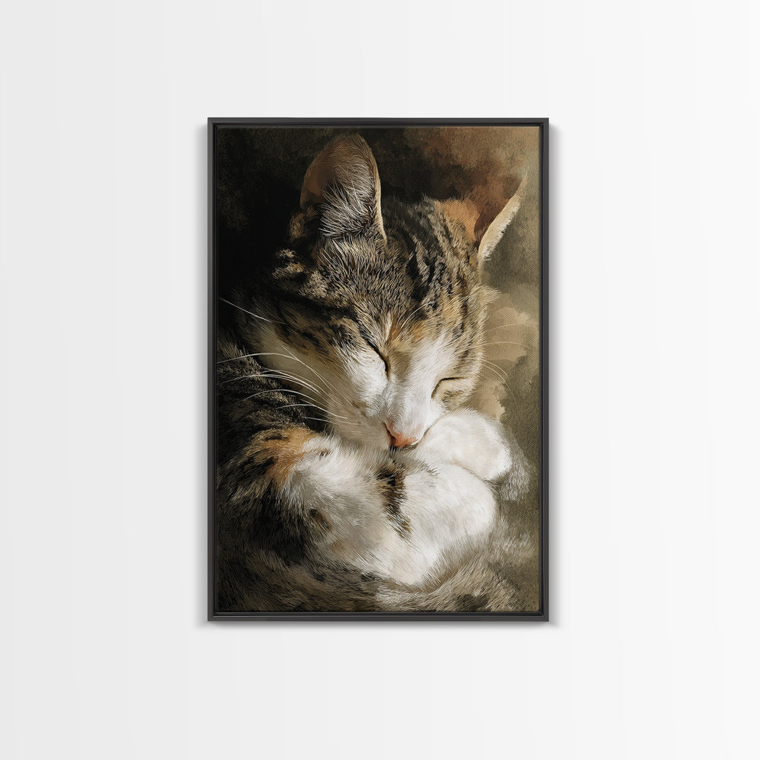 Sleeping Cat Curled Framed Canvas Print, Animal Art, Gallery Decor, Living Room Decor, Abstract Art, Creature, Contemporary Art, ANI-2x3-92