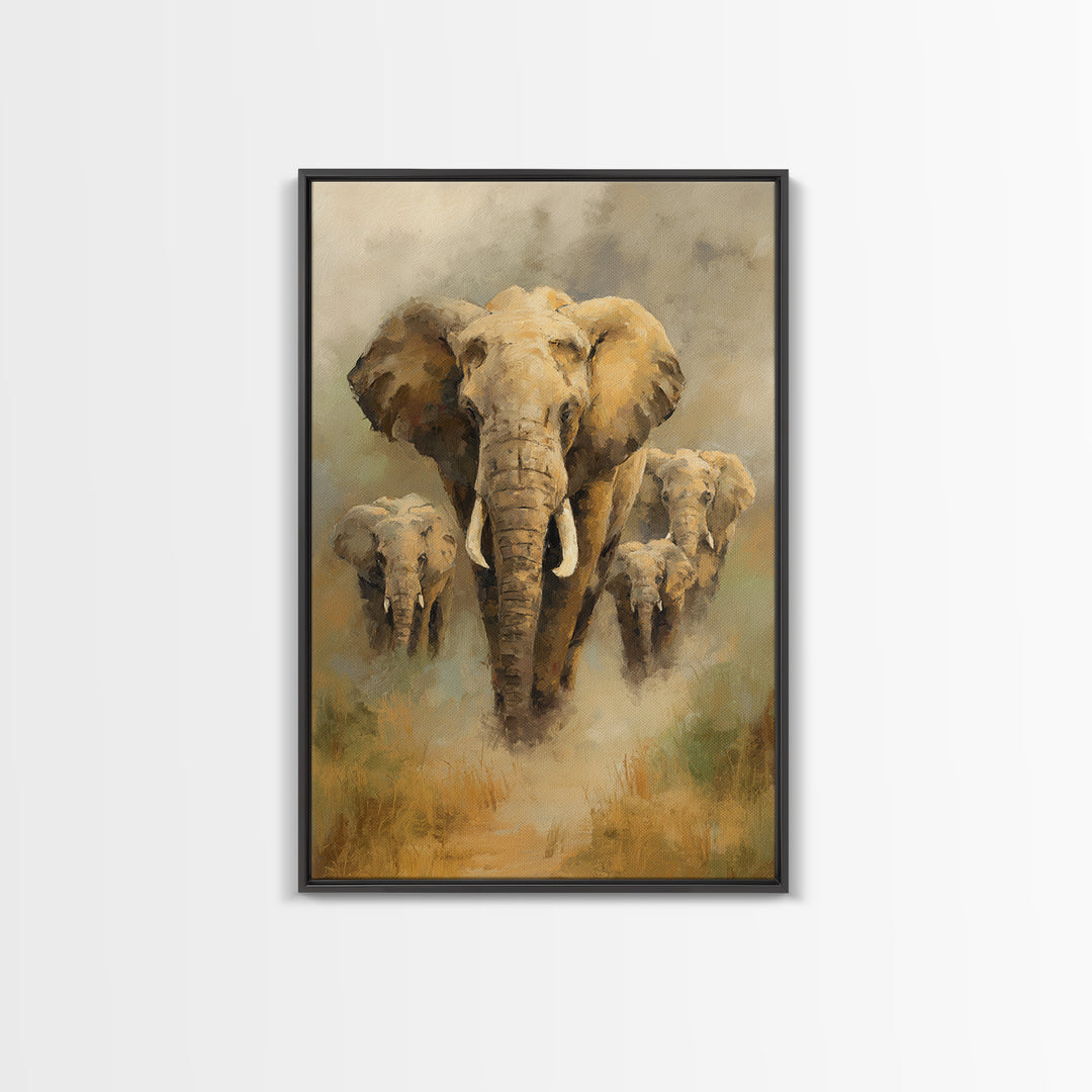 Elephant Family Walking Through Dusty Golden Light Framed Canvas Print, Animal Art, Printable, Living Room Decor, Creature, ANI-2x3-94