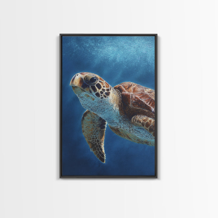 Sea Turtle Drifting Through Luminous Blue Water Framed Canvas Print, Animal Art, Living Room Decor, Watercolor Art, Creature, ANI-2x3-98