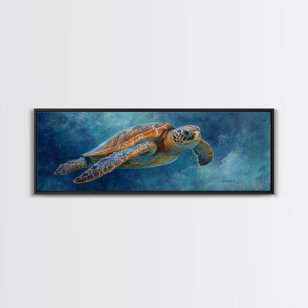 Sea Turtle Drifting Through Luminous Blue Water Framed Canvas Print, Animal Art, Home Decor, Living Room Decor, Creature, ANI-3x1-10