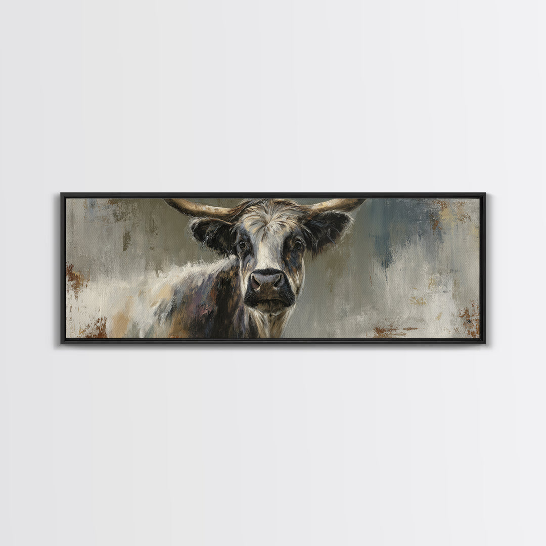 Gentle Cow Portrait Framed Canvas Print, Animal Art, Boho Decor, Living Room Decor, Oil Painting, Creature, Digital Prints, ANI-3x1-23