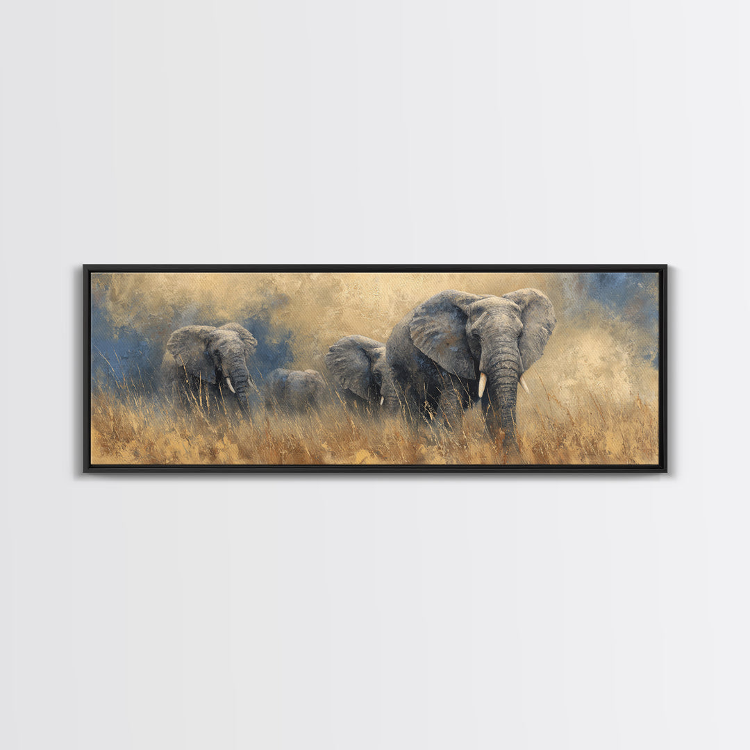 Elephant Family Walking Through Dusty Golden Light Canvas Print, Animal Art, Wall Art, Living Room Decor, Fine Art, Creature, ANI-3x1-30