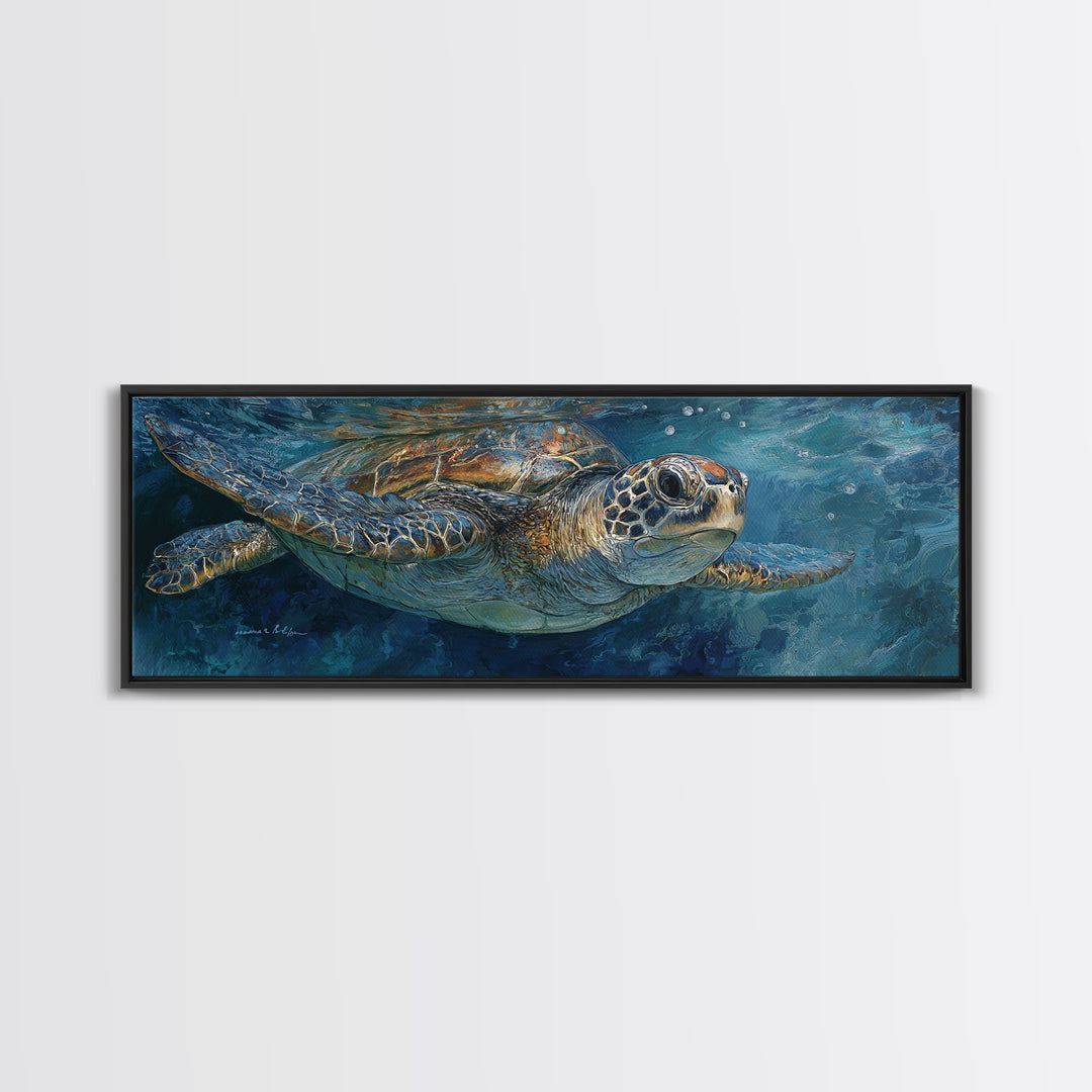 Sea Turtle Drifting Through Luminous Blue Water Canvas Print, Animal Art, Digital Art, Living Room Decor, Abstract Art, ANI-3x1-34