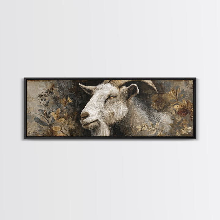 Goat Portrait with Rustic Folk Art Personality Framed Canvas Print, Animal Art, Digital Print, Living Room Decor, Creature, ANI-3x1-37