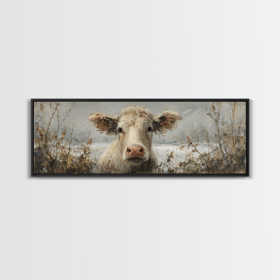 Gentle Cow Portrait Framed Canvas Print, Animal Art, Wall Decor, Living Room Decor, Fine Art, Creature, Nursery Wall Art, ANI-3x1-47