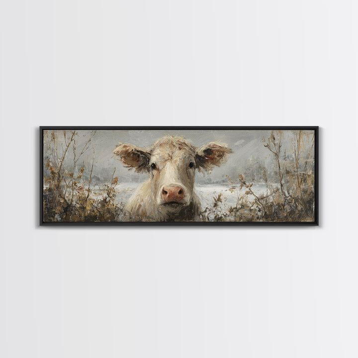 Gentle Cow Portrait Framed Canvas Print, Animal Art, Wall Decor, Living Room Decor, Fine Art, Creature, Nursery Wall Art, ANI-3x1-47
