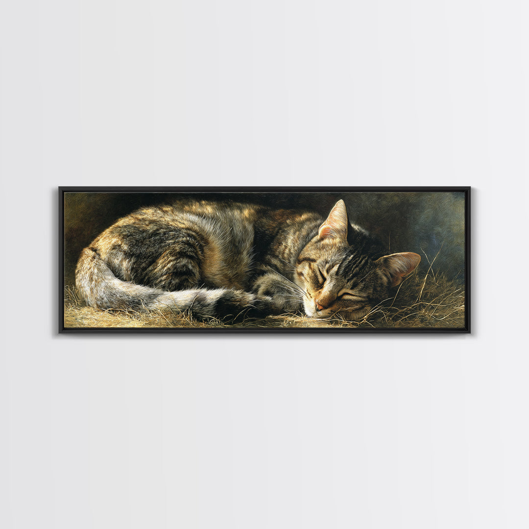 Sleeping Cat Curled Framed Canvas Print, Animal Art, Room Decor, Living Room Decor, Abstract Art, Creature, Printable, ANI-3x1-52
