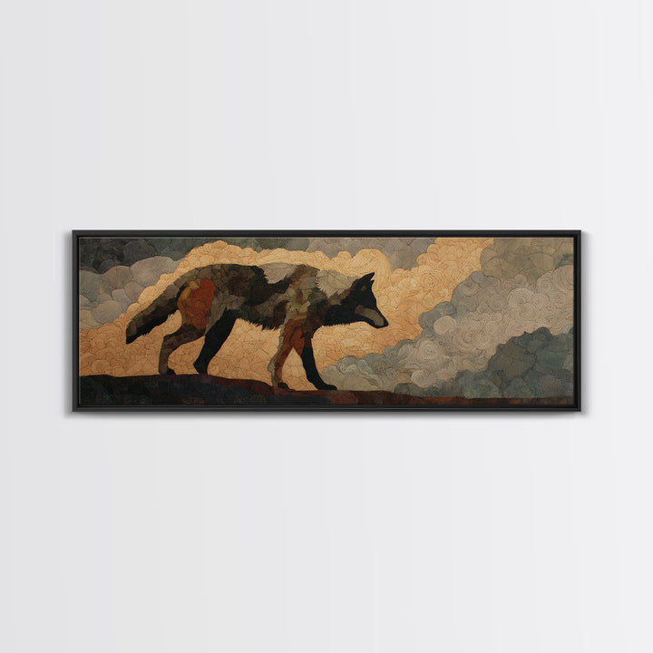 Wolf Silhouette Beneath a Star Filled Sky Canvas Print, Animal Art, Gallery Decor, Living Room Decor, Oil Painting, Creature, ANI-3x1-62