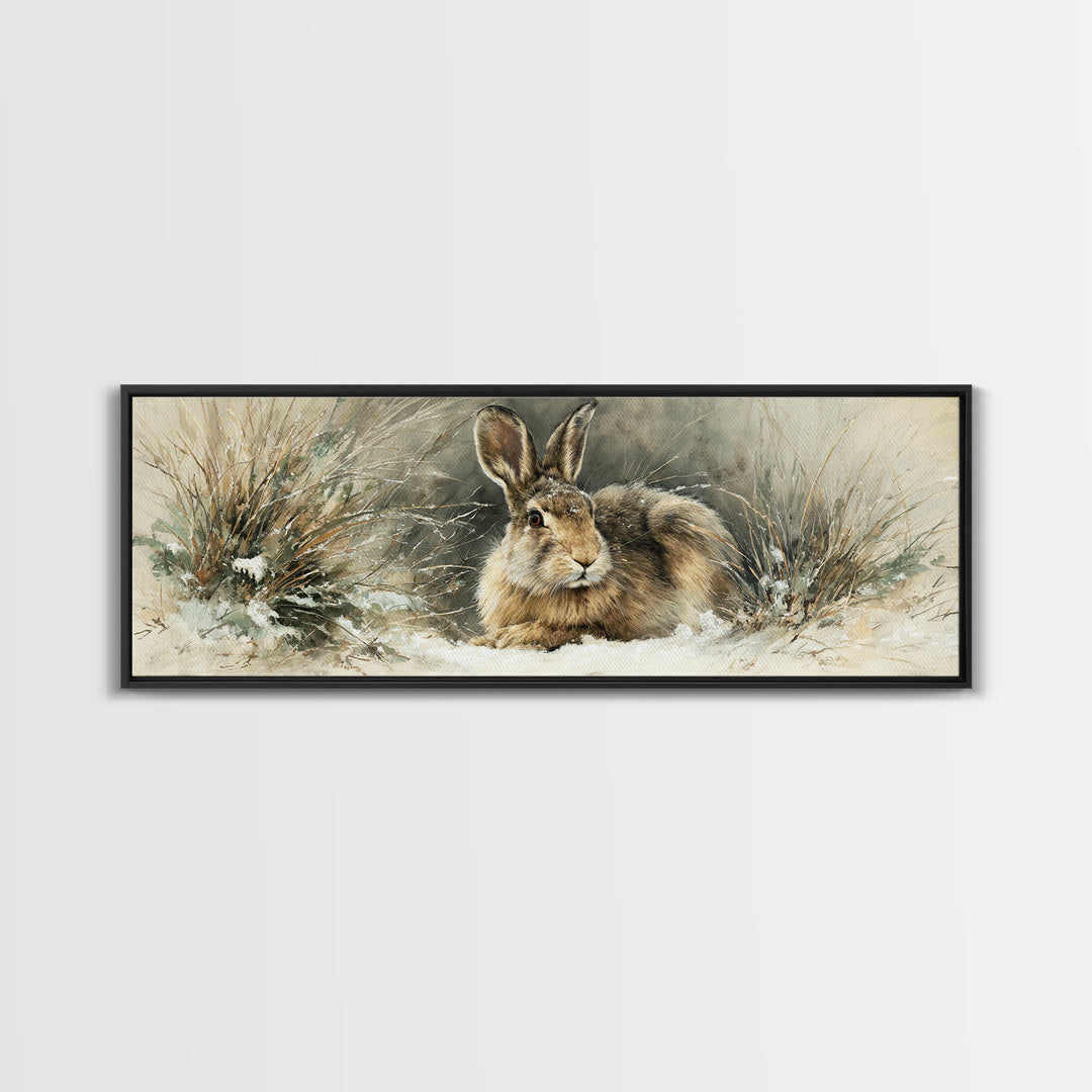 Curious Rabbit in a Soft Watercolor Meadow Framed Canvas Print, Animal Art, Modern Wall Art, Living Room Decor, Creature, ANI-3x1-69