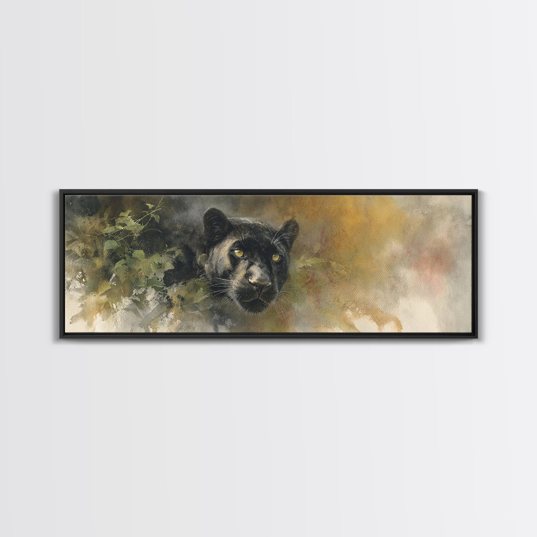 Dramatic Black Panther Emerging from Deep Jungle Canvas Print, Animal Art, Art Print, Living Room Decor, Oil Painting, Creature, ANI-3x1-70
